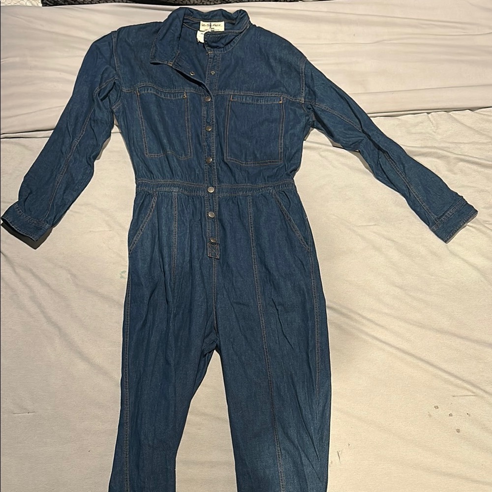We The Free Blue Denim Overalls with Cinched Waist